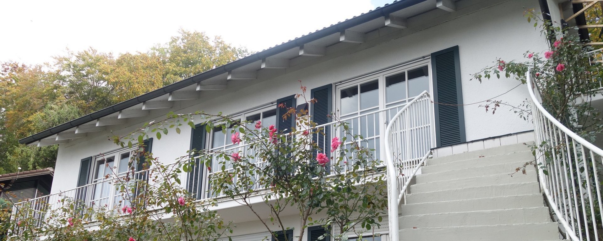 Aussenansicht: Haus mit vielen Terassentüren und einem Treppenaufgang